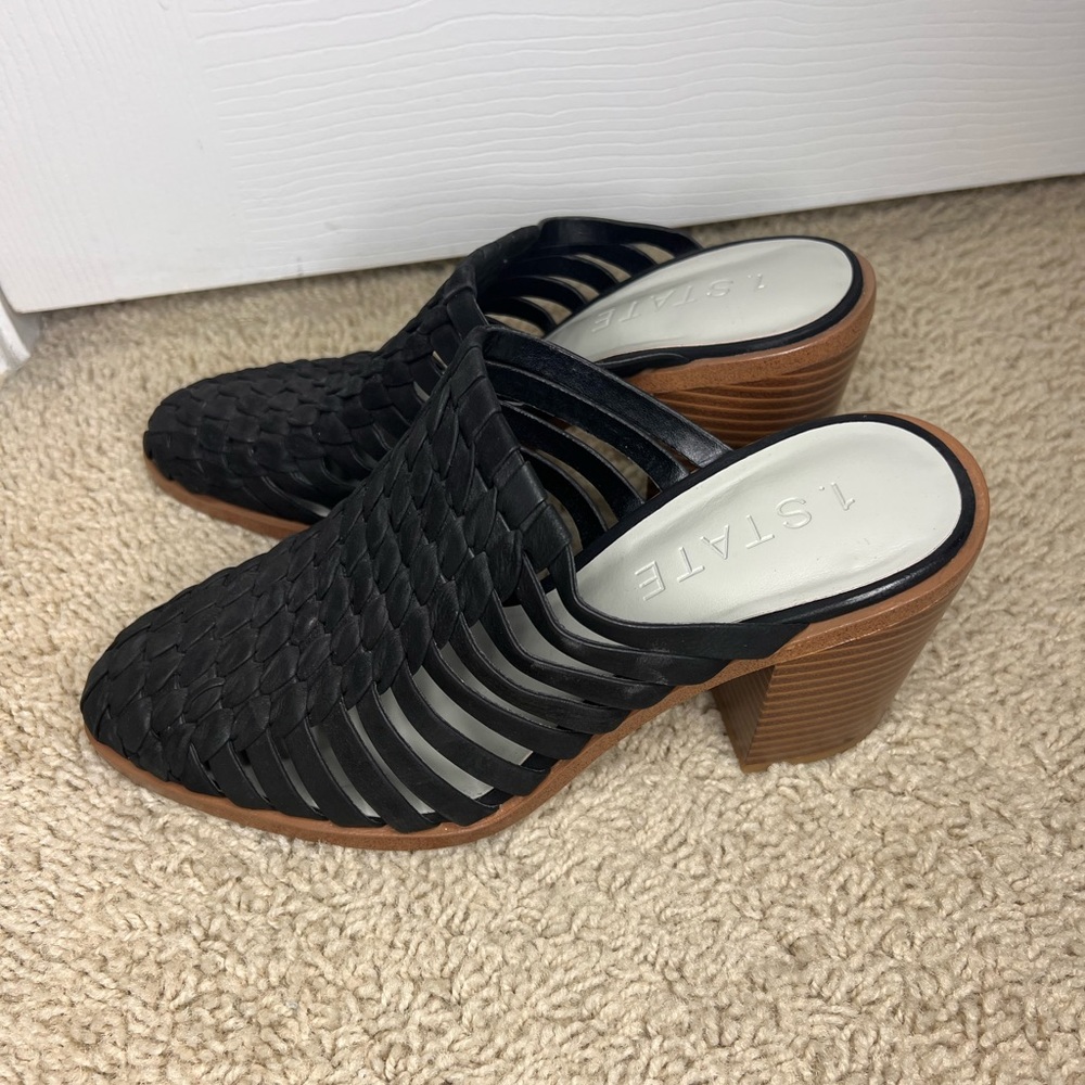 Sandals 1. State Licha Black Woven Leather Block Mules Size 8.5 M Heel 3in new